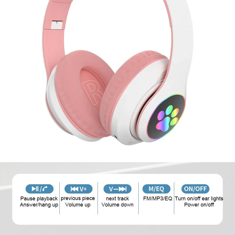Flash Lamp Cute Cat Ears Headphone Bluetooth5.0 Stereo With Mic Support TF Card Wireless Kids Girl Earphone Birthday Gift