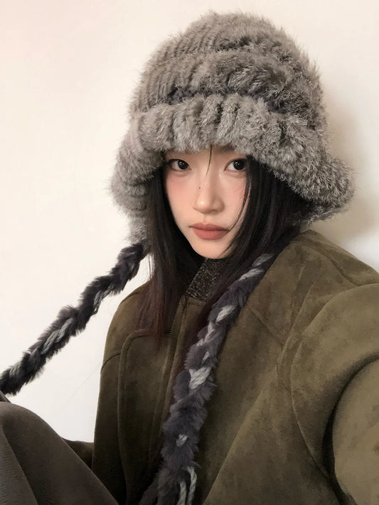 Rabbit Hair Mixed Wool Hat For Women Autumn And Winter Style Thickened And Warm Knitted Hat Cold-Proof And Ear-CoveringEd Hat