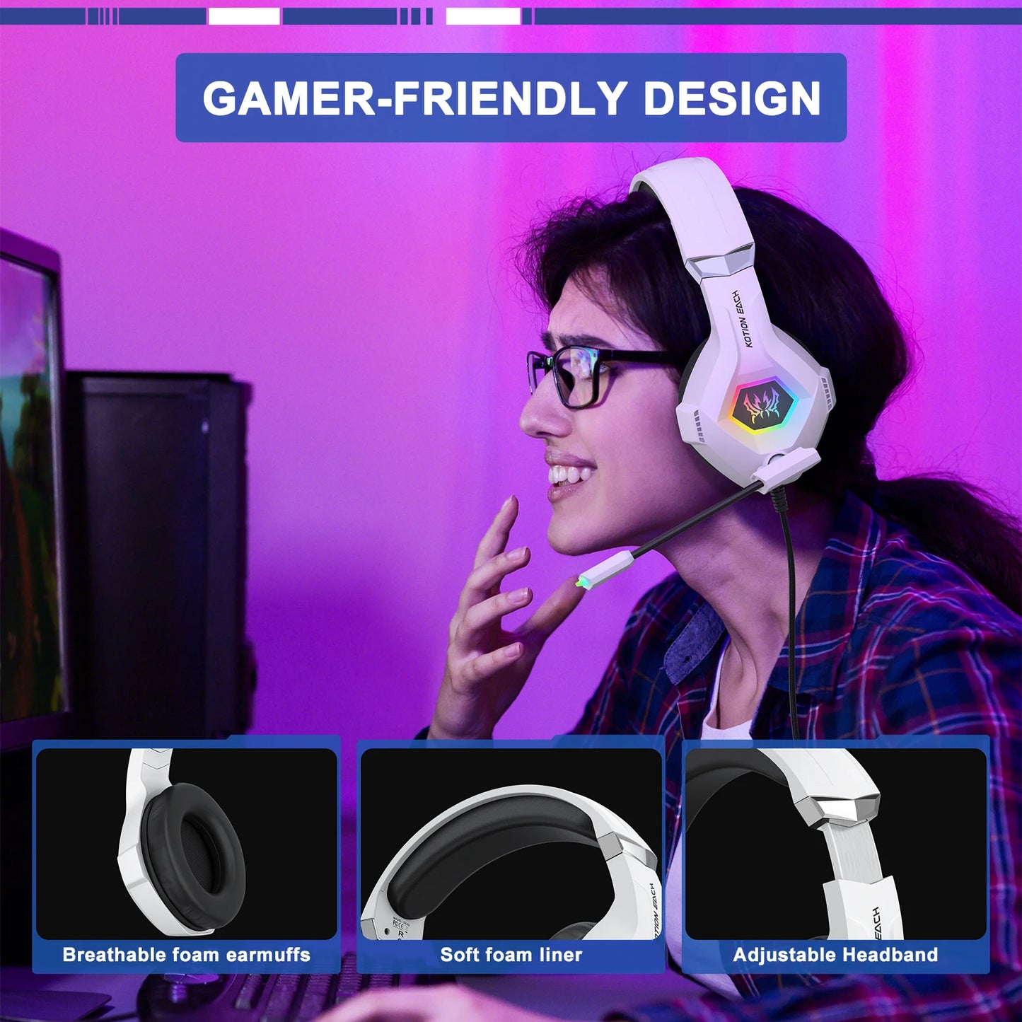 RGB Wired Gaming Headset with Noise Cancelling Mic for PC PS4 PS5 Xbox - over Ear Design Surround Sound Gaming Headphones