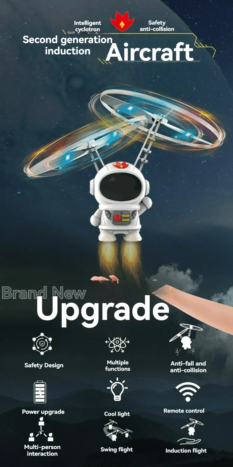 Levitating Luminous Flying Robot Astronaut Toy Aircraft Hand-Controlled Drone Interactive with Lights Outdoor Toys for Kids Gift