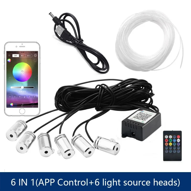 5 In 1 6 In 1  LED Car Atmosphere Light Cigarette USB 8M Interior RGB Flexible App Control Fiber Optic Strips Light with Remote