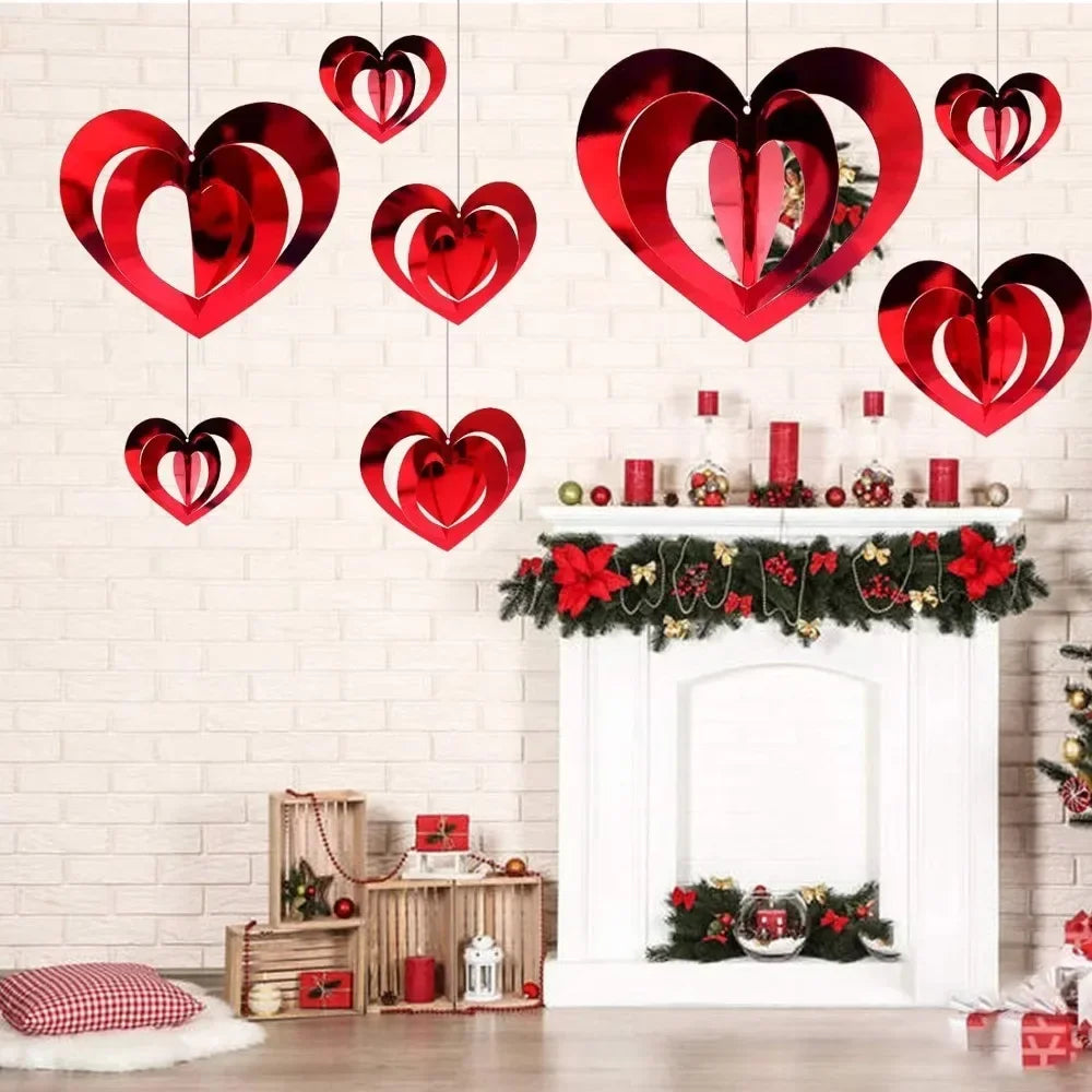 3D Red Heart Garland Valentines Day Decor Love Heart Hanging String Garland Wedding Anniversary Birthday Party Supplies