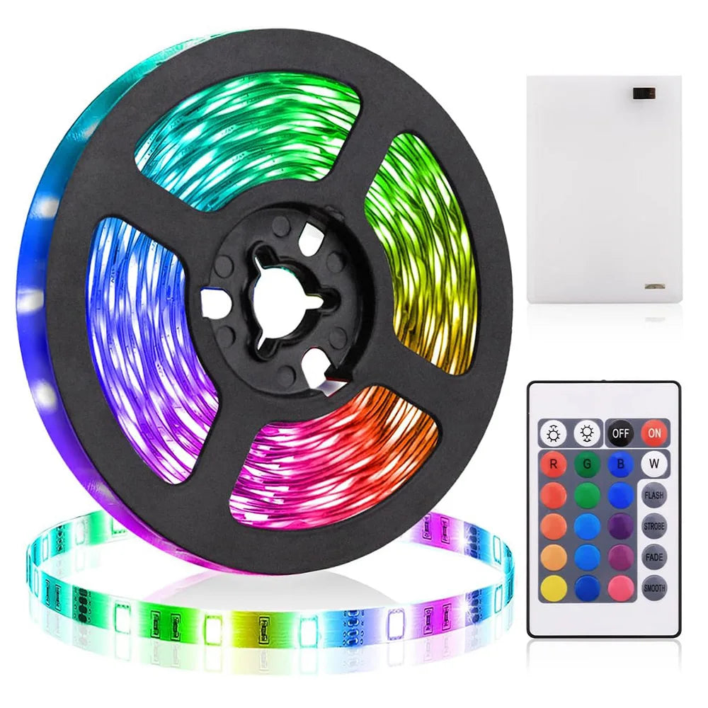 Battery LED Strip Lights RGB 5050 Color Changing TV Backlight IP65 Remote Control Indoor Outdoor Flexible Light Ribbon 1M-5M