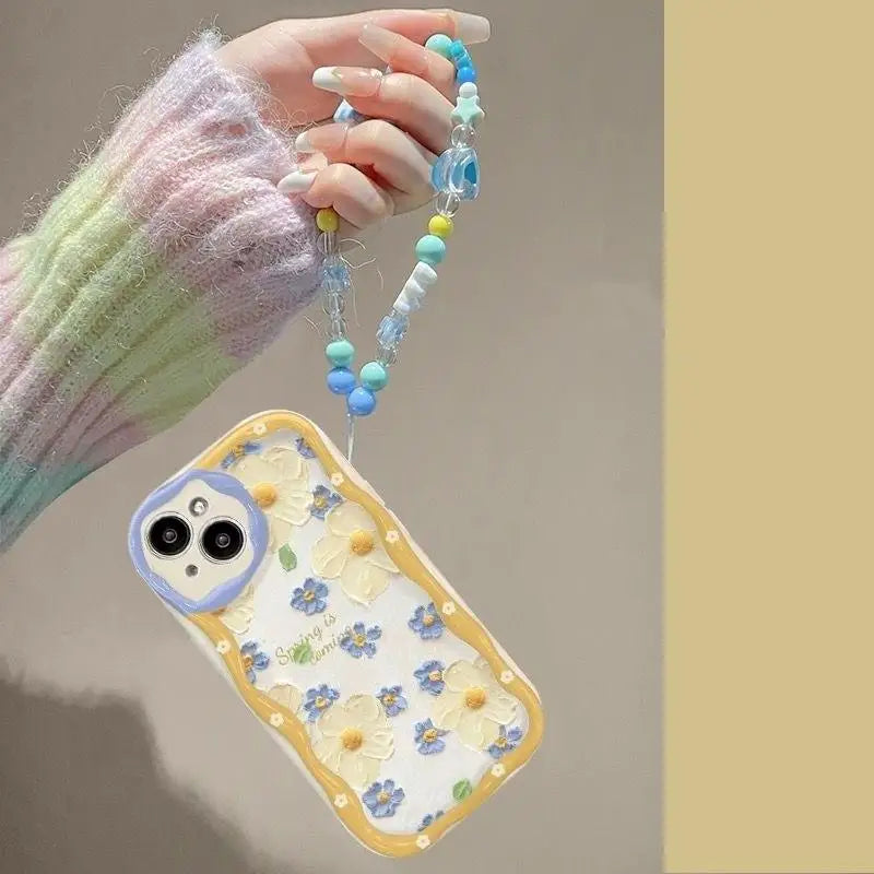 Phone Case For iPhone 17 16 15 Pro Max 14 11 13 12 Mini Plus 16E 17 Air IPhone17 Back Cover Flower Bracelet Wrist Chain Strap