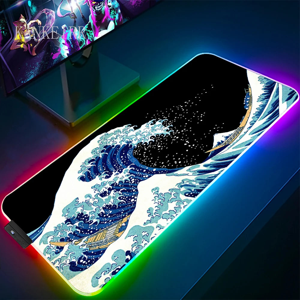 The Great Wave off Kanagawa RGB Gaming Mouse Pad Desk Mat LED Light Mousepad Artistic Computer Carpet With Backlit Mouse Pads