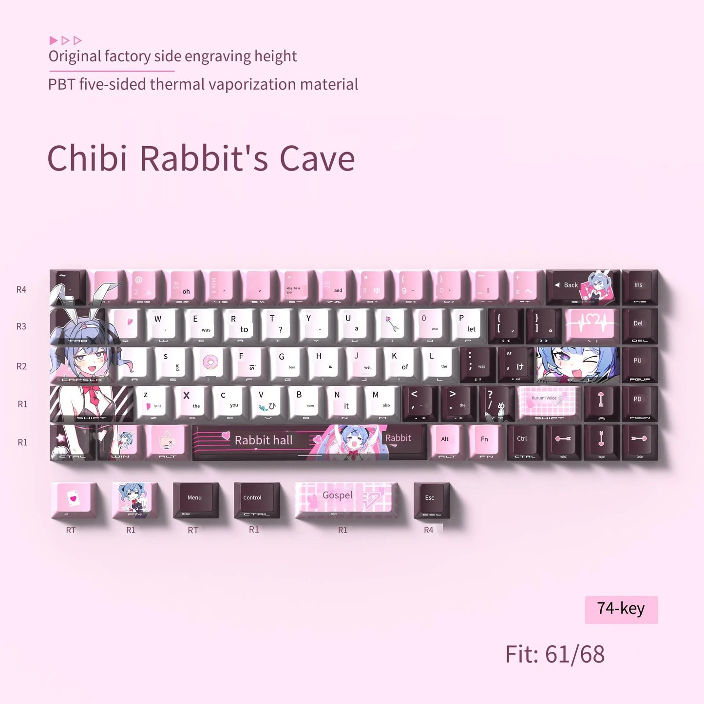 74/129 key is a combination of powder, white and brown colors. It has a Japanese anime style and is made of PBT material