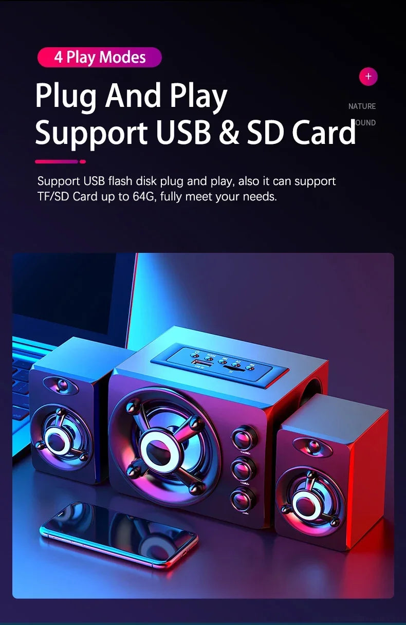 HIFI 3D Stereo Speakers Colorful LED Heavy Light AUX USB Wired Wireless Bluetooth Audio Home Theater Surround Sound Bar TV