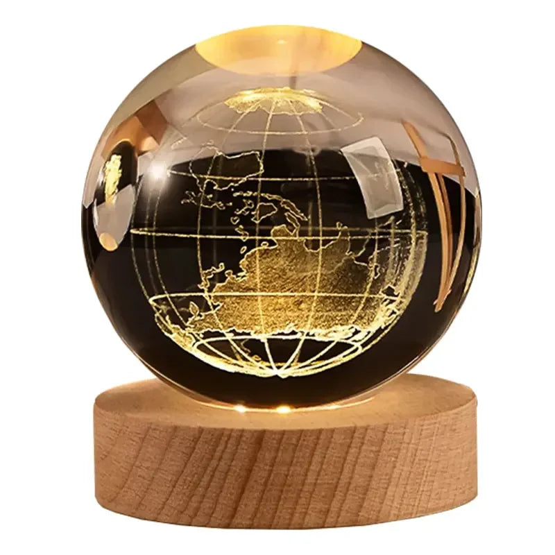 3D Crystal Ball LED Warm Night Light Wooden Base Laser Engraved Solar System Globe Galaxy Birthday Gift Home Desktop Decoration