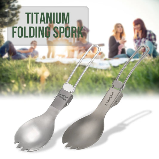 Lixada Camping Folding Titanium Spoon Spork Camping Tableware Picnic Spoon Outdoor Lightweight Tableware Hiking Camping