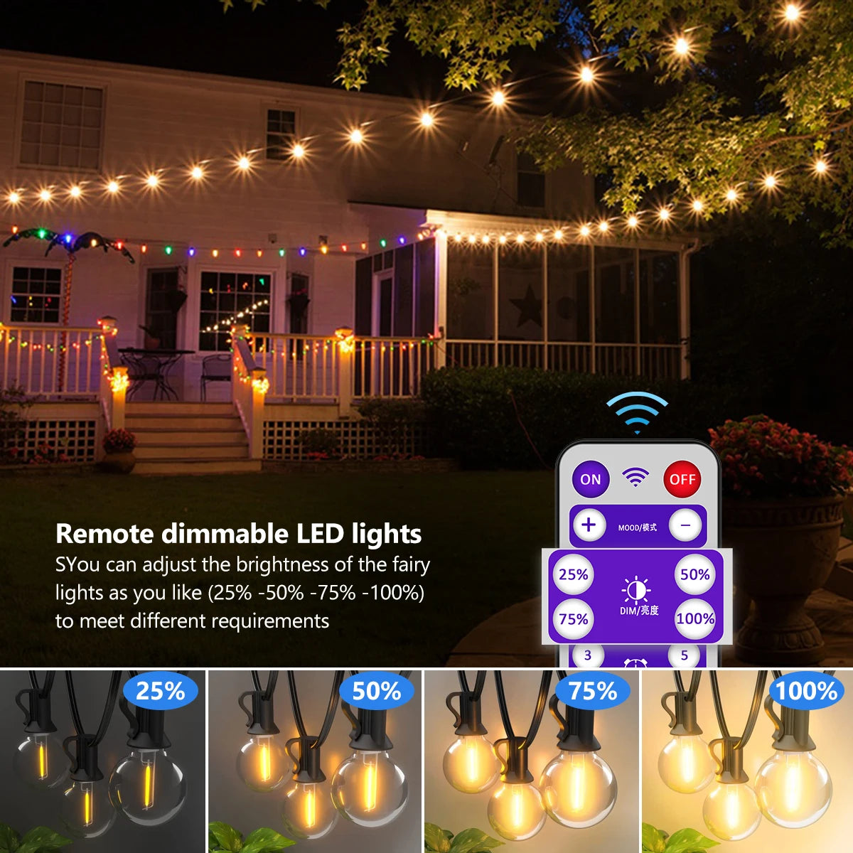 Solar String Lights Outdoor G40 Patio Lights, USB Recharger, 8 Light Modes, Shatterproof Bulbs , Weatherproof Hanging Light