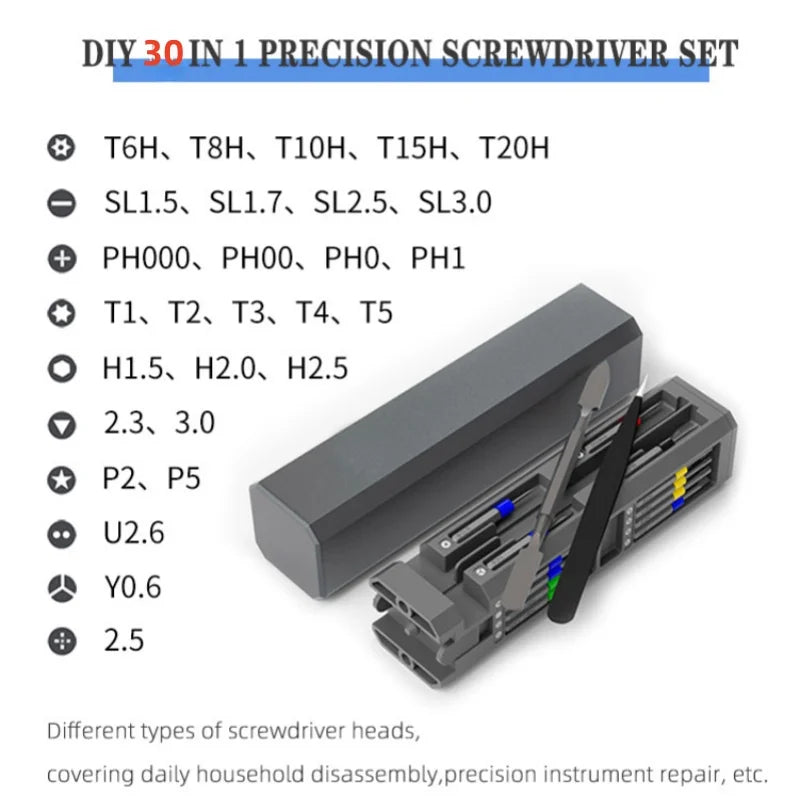 30 in 1 precision screwdriver set, S2 screwdriver head, suitable for repairing, disassembling and assembling computers, mobile p