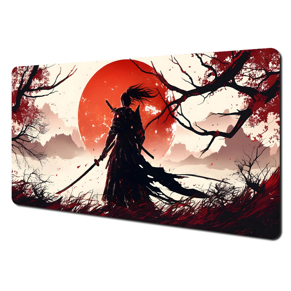 Red full moon samurai design Mouse Pad Desk Mat with Stitched Edges non-Slip rubber base pc accessories Gaming mat maus pad