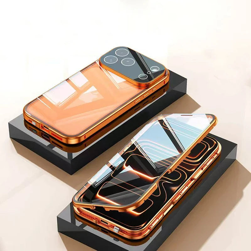 Double Sided Buckle Magnetic Glass Case For iPhone 17 16 15 14 13 12 Pro Max Air Mini Plus 360° Full Body Protection Phone Cover