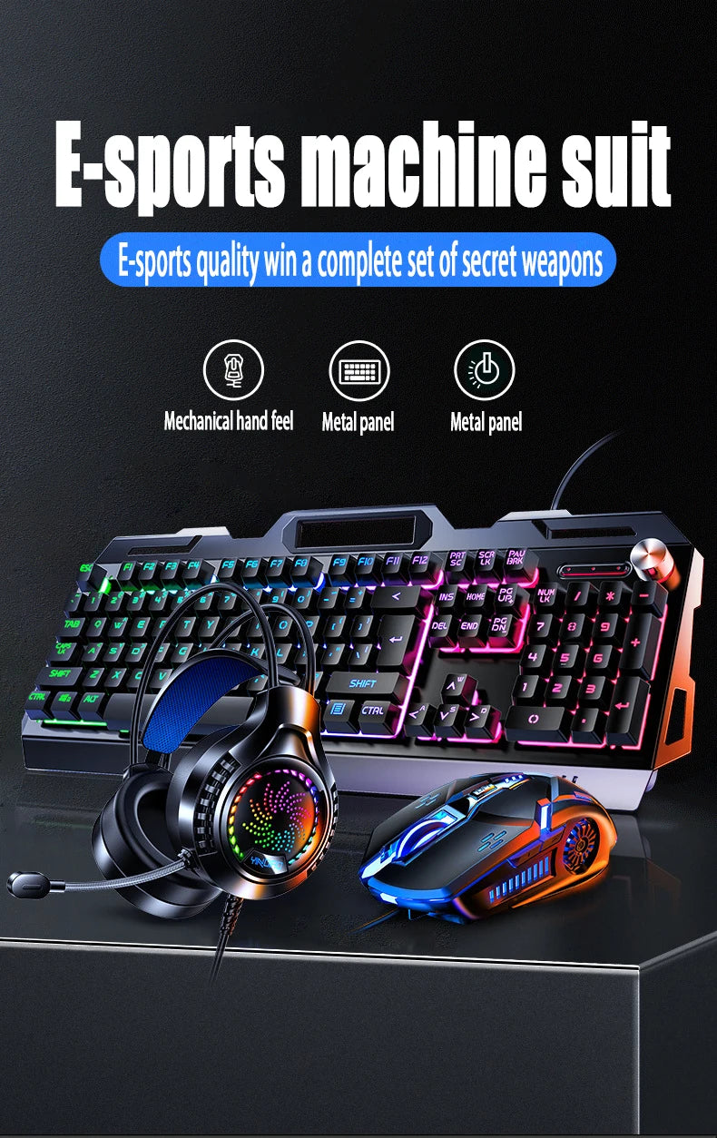 V2g5 Gaming Mechanical Handle Metal Keyboard Mouse Headset Usb Cable 3pieces/set for Esports Player Free Mousepad