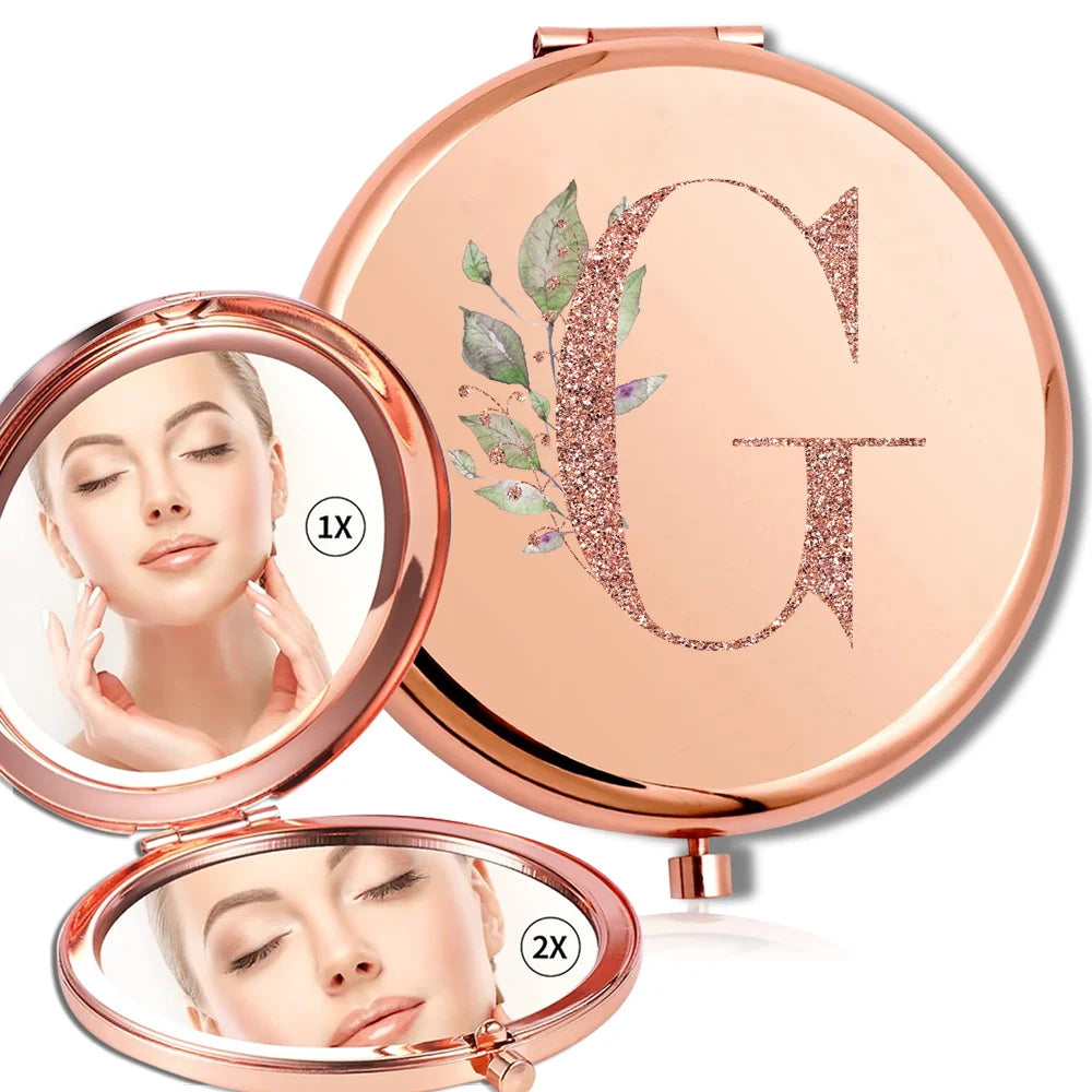Magnifying Makeup Round Mirror Double Sided Metal Cosmetic Portable Look Glass Compact Handheld Mirror Rose Gold Letter Pattern