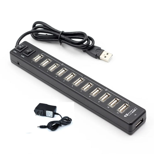 High Quality USB Hub 12 Ports USB 2.0 Hub Multi Usb Splitter Switch with EU / US Power Adapter for printers speakers MP3 player