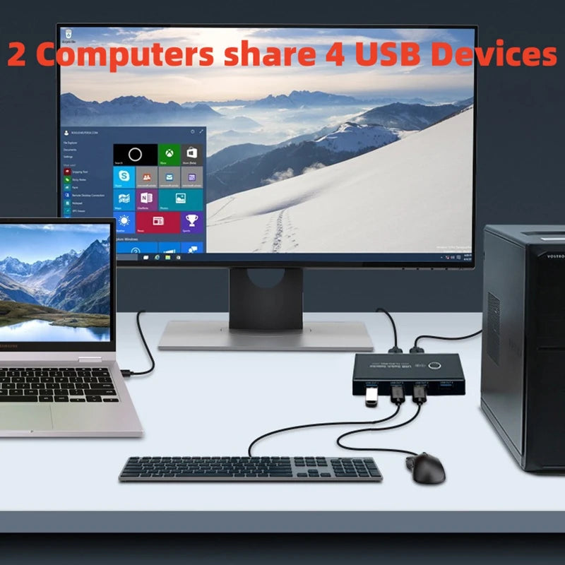 USB Switch Selector 2 Computers Share 4 USB Devices for PC Laptop Mouse Keyboard Printer Scanner One Button Switcher Box