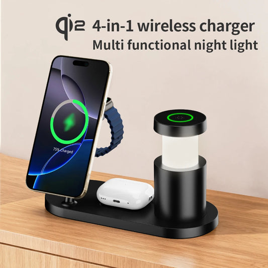 Qi2.2 25W Wireless Magnetic Charger Multi-functional Fast Charging Station With Night Light for iPhone17 16 15 Watch Airpods