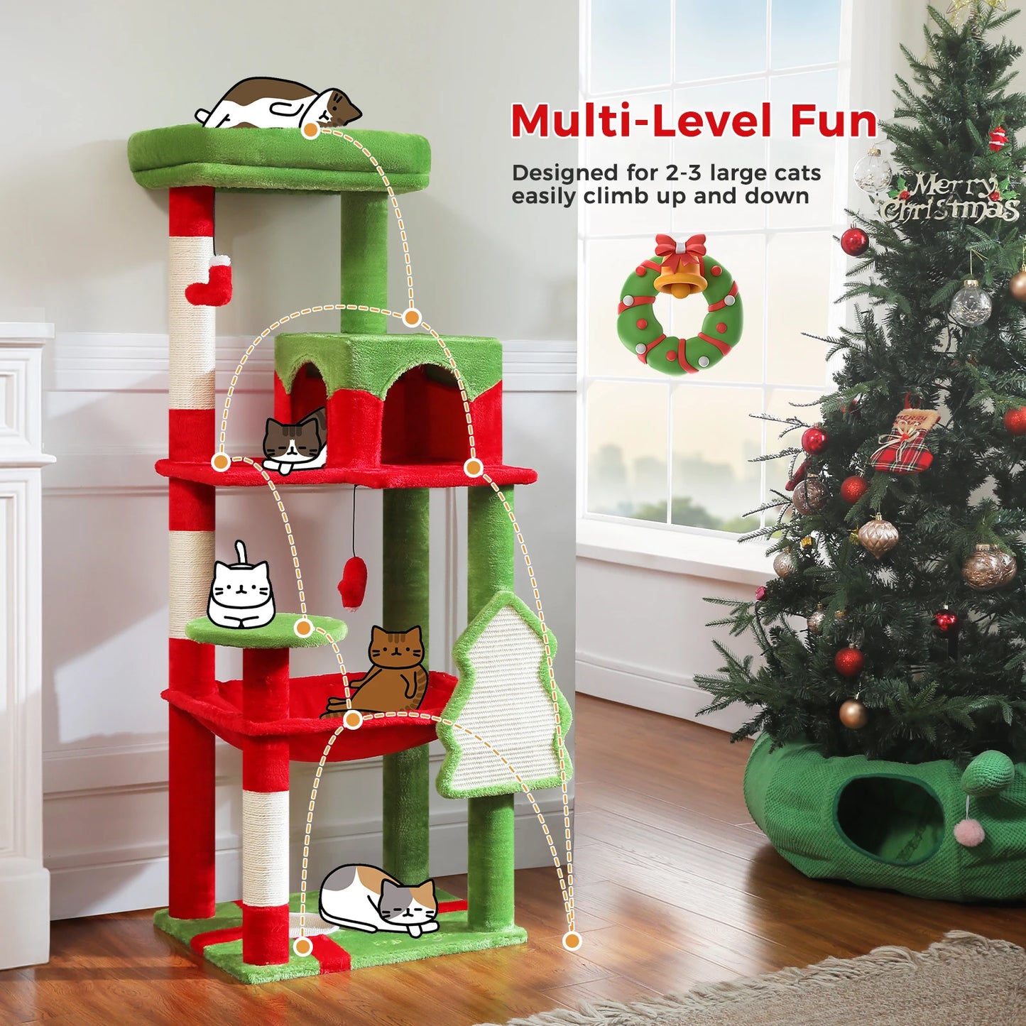 Cat Tree for Indoor Cats 5-Level Cat Tower for Large Cats with Large Hammock Sisal Covered Scratching Posts Cozy Condo Top Perch