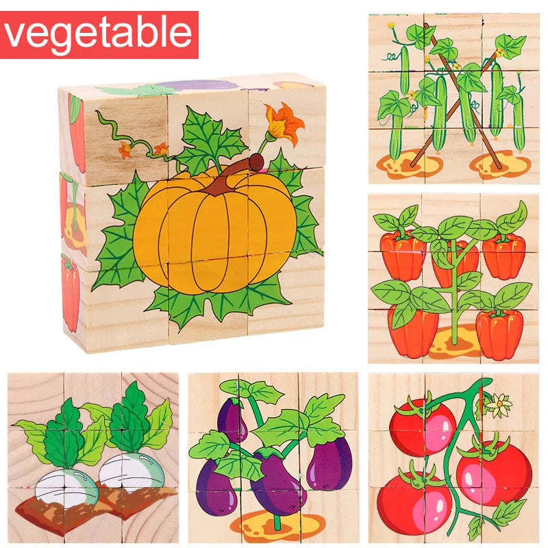 Wooden Puzzle Six Sides Painted Three-Dimensional Traffic Animal Puzzle Building Blocks Montessori Early Education Toys TMZ