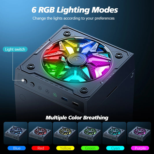 The Xbox series X with dust-proof fans features colorful light strips, dust cover filters, 3-speed low-noise top fans, coolers