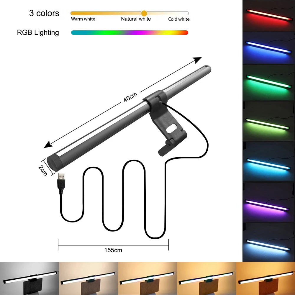 RGB 40CM Stepless Dimming Light Bar – Eye-Caring Hanging Screen Strip for Laptop Gaming Work