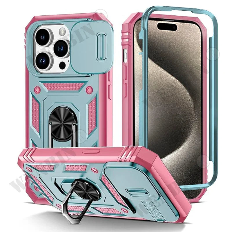 Case For iPhone 17 Pro Max 16 15 14 13 Pro Max 16E Heavy Duty With Camera 360 Degree Kickstand Cover Capa Fundas