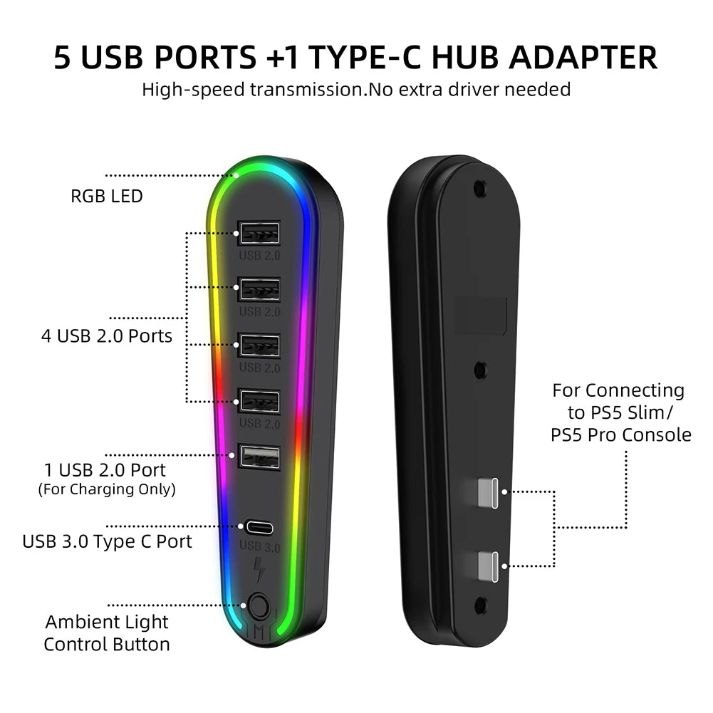6 Ports USB Hub Splitter Expander Hub Charger Controller Splitter Expansion Adapter RGB lighting with 5 modes For PS5 Slim/Pro