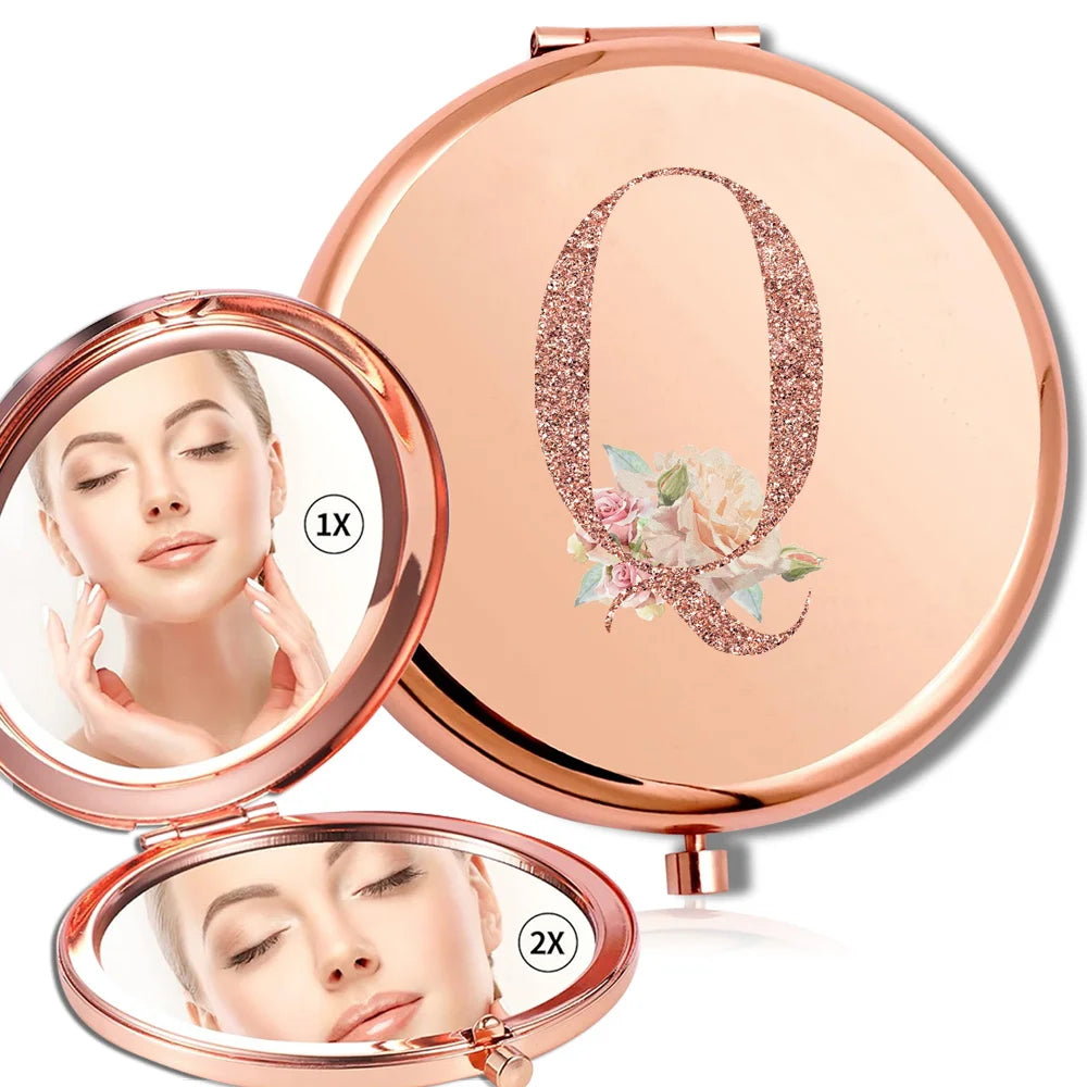 Magnifying Makeup Round Mirror Double Sided Metal Cosmetic Portable Look Glass Compact Handheld Mirror Rose Gold Letter Pattern