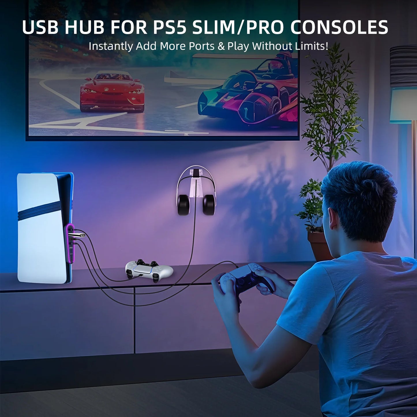 6 Ports USB Hub Splitter Expander Hub Charger Controller Splitter Expansion Adapter RGB lighting with 5 modes For PS5 Slim/Pro