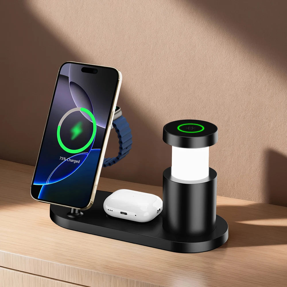Qi2.2 25W Wireless Magnetic Charger Multi-functional Fast Charging Station With Night Light for iPhone17 16 15 Watch Airpods