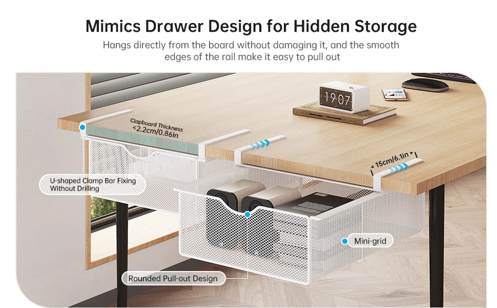 Under-Desk Drawer with Rod, Invisible Storage Box under the Desk, Workstation Transformation Tool, Student Desk Side Shelf