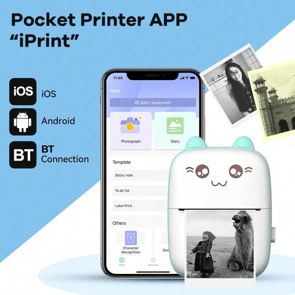 Mini Bluetooth Thermal Printer 200dpi for Labels, Photos, and Memo Printing - Portable with USB Cable