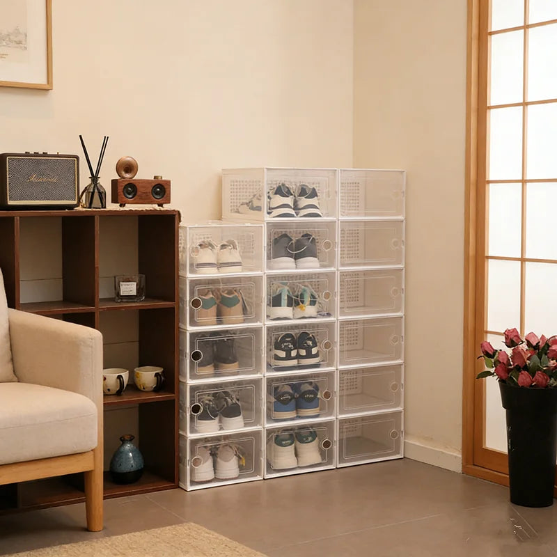 6/12Pcs Foldable Clear Shoe Box, Stackable Plastic Shoe Storage Organizer, Breathable Dustproof  Home & Shoe Display Rack