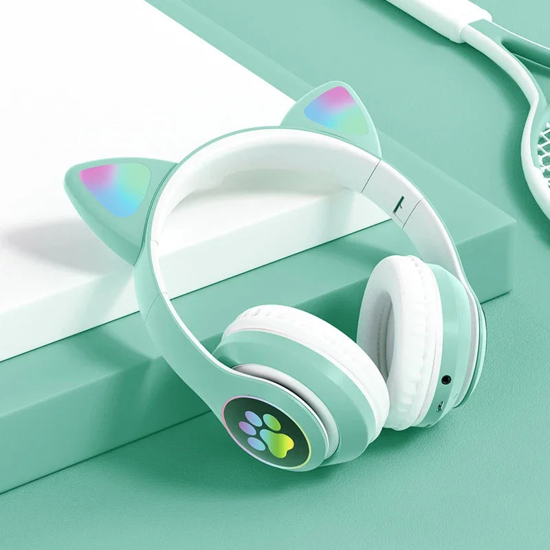 Flash Lamp Cute Cat Ears Headphone Bluetooth5.0 Stereo With Mic Support TF Card Wireless Kids Girl Earphone Birthday Gift