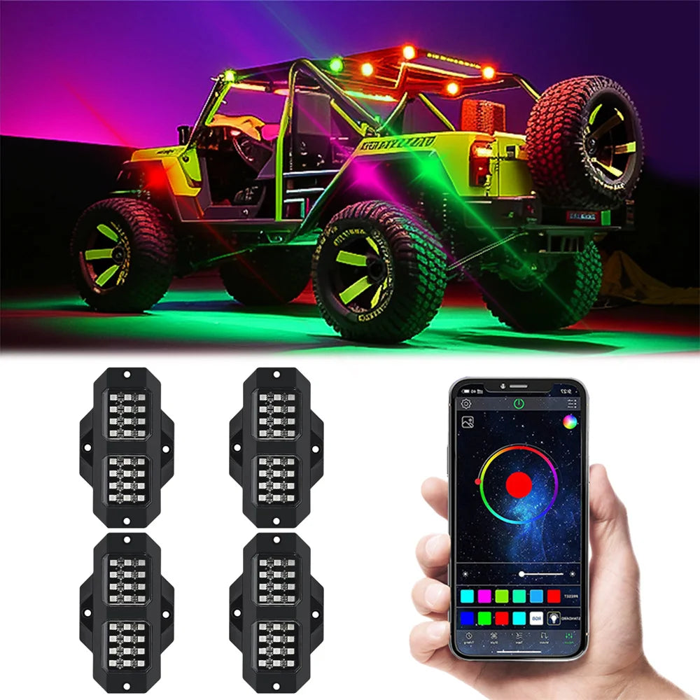 Latest Version Car Undergolw Light 4 in 1 RGB LED Rock Lamp Atmosphere Lights Cars Chassis Ambient Lighting APP Control