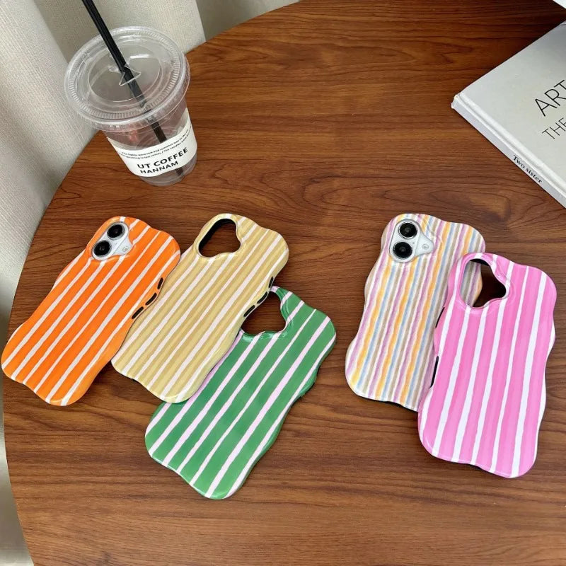 Fashion 2 in 1 Glossy Stripes Phone Case For IPhone 16 15 14 13 Pro Max Comfortable Touch Wave Edges Hard Slim Back Cover Shell