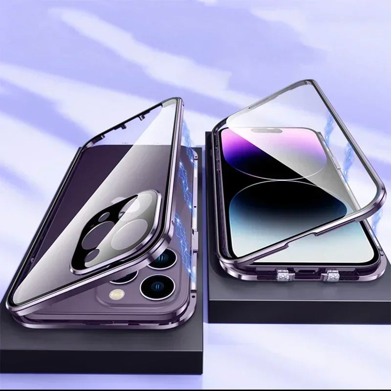 Double Sided Buckle Magnetic Glass Case For iPhone 17 16 15 14 13 12 Pro Max Air Mini Plus 360° Full Body Protection Phone Cover