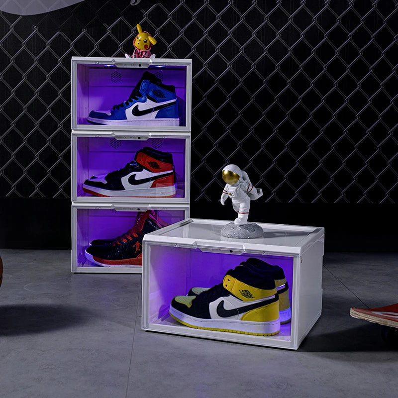 Sound Activated Plastic Led Shoe Box Container Magnetic Custom Giant Transparent Led Shoe Boxes Stackable Led Shoe Storage