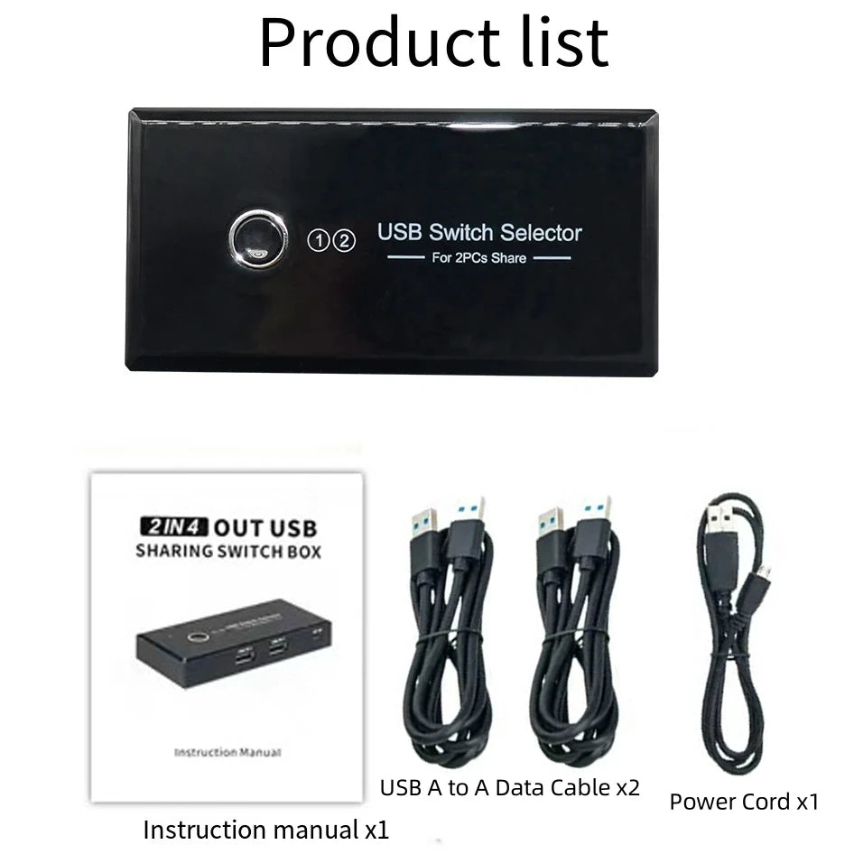 USB Switch Selector 2 Computers Share 4 USB Devices for PC Laptop Mouse Keyboard Printer Scanner One Button Switcher Box