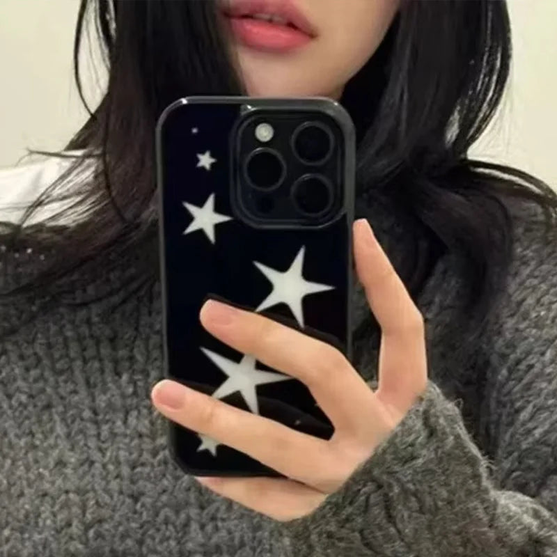 Ins Korean Lovely White Five Star Phone Case For iPhone 17 16 Pro Max 15 14 13 12 11 Pro 7 8 16 Plus 16e 17Air Shockproof Cover