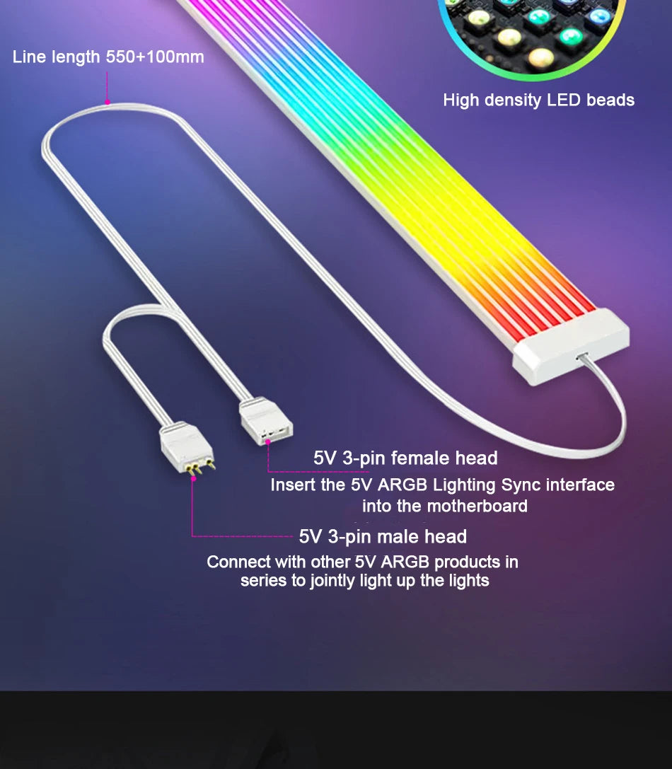 Zezzio ARGB Light Strip Neon Line PC Case Decoration 8Pin Graphics Card 24Pin Motherboard Luminous DIY RGB Computer Lamp Strip