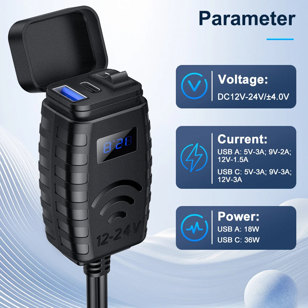 Motorcycle Phone Charger 48W Waterproof Motorcycle USB Charger Socket with Voltmeter & ON/Off Switch for Phone, Tablet, GPS