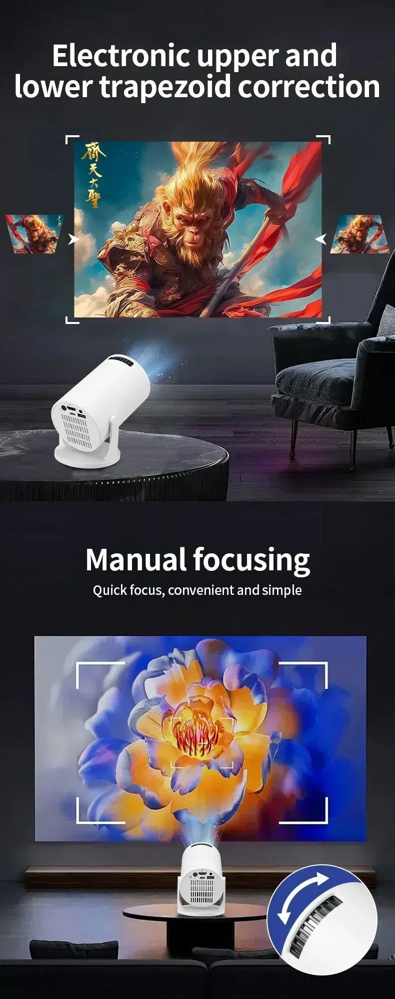 Home Theater Portable Projector 2025 MINI HY300 4K Ultra HD 300ANSI Android 11 BT54 with Electronic Focus and Built in Speaker