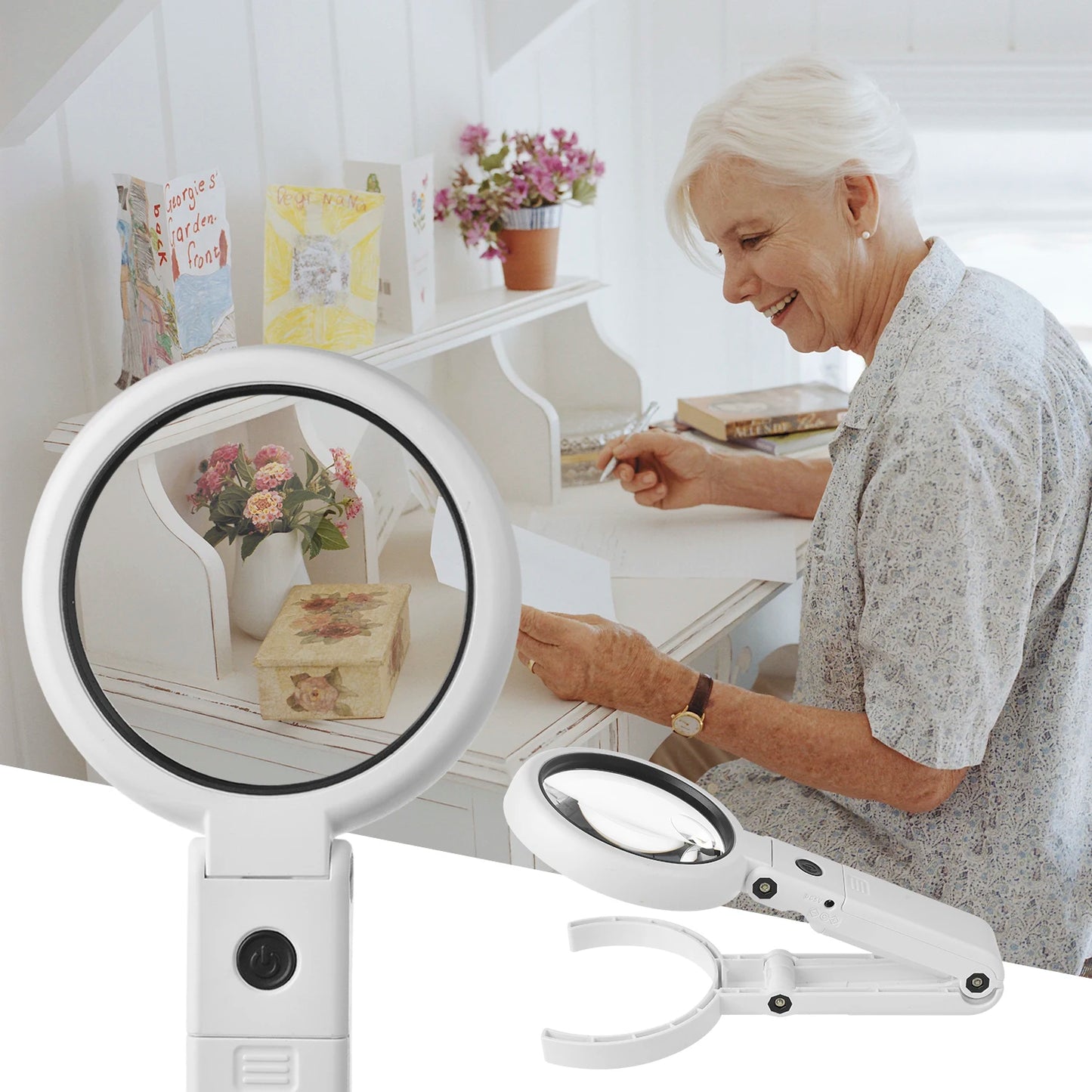 5X/10X Handheld Magnifier with LED Light and Stand USB Powered Illuminated Magnifying Glass for Electronics Repair Hobby Tool