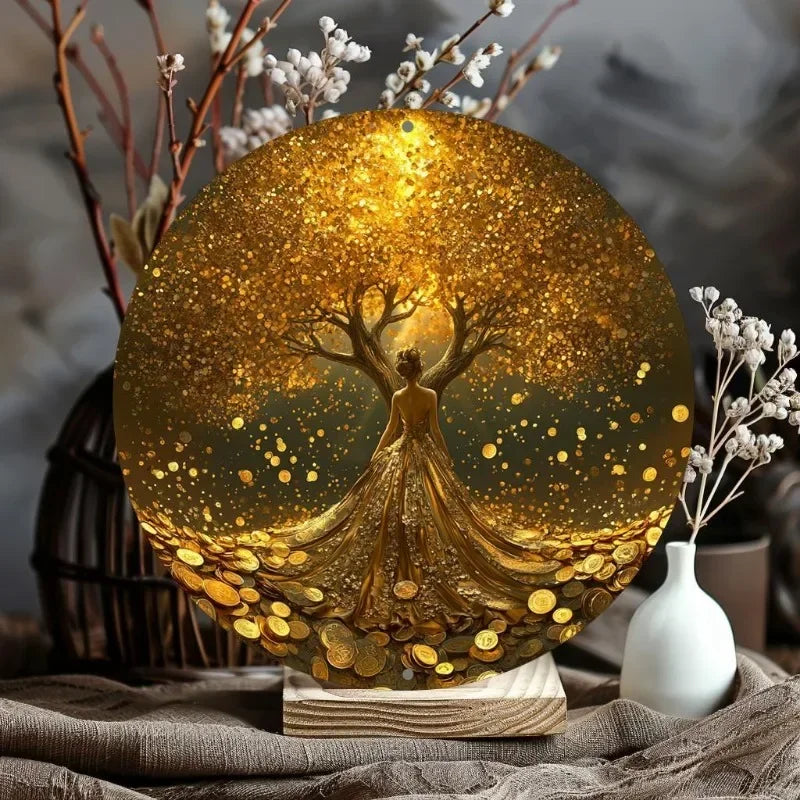 Golden Tree of Life Round Aluminum Sign, Perfect for Home, Office, Bar Decor, Ideal Valentine's Day & Holiday Gift, Room Decor