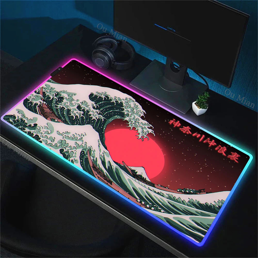 900x400mm RGB Mouse Pad The Great Wave off Kanagawa Design Waterproof Backlit Gaming Mousepad Protector with Laptop Accesso Mat