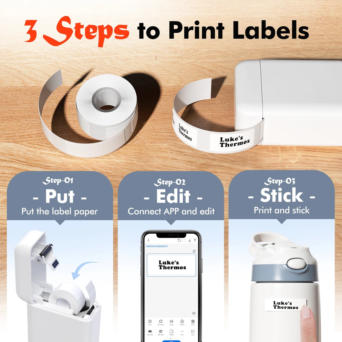 Mini Label Printer， Portable Thermal Printer ，Self-Adhesive Sticker Labeling Machine， Wireless Bluetooth，Inkless Printer