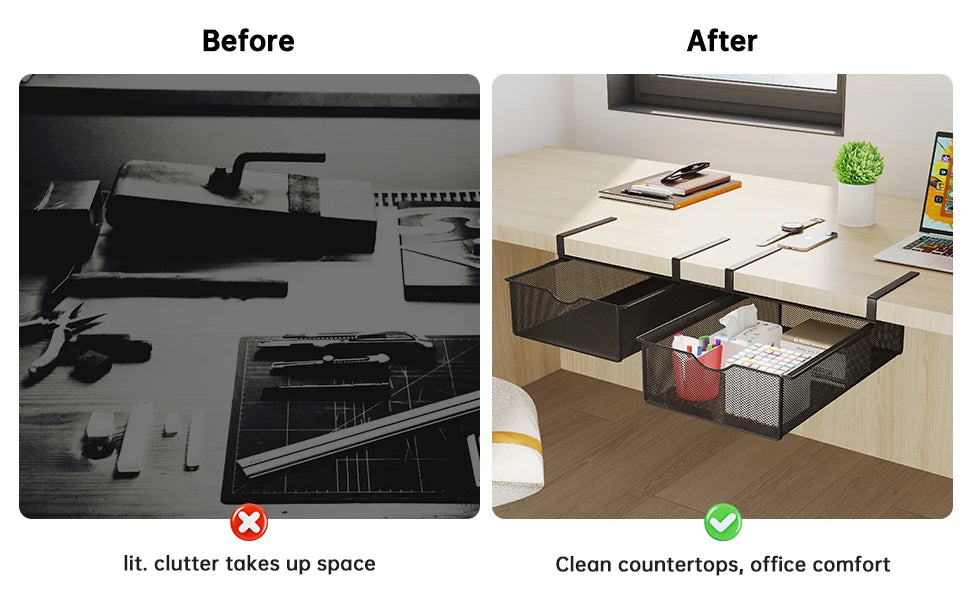 Under-Desk Drawer with Rod, Invisible Storage Box under the Desk, Workstation Transformation Tool, Student Desk Side Shelf