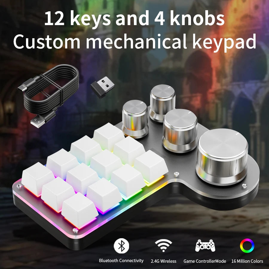 3 Modes 12 Keys Mechanical Keyboard 4 Knobs Custom Programming Macro Gaming Keyboard RGB Bluetooth 2.4G USB Wired Keypad for PS